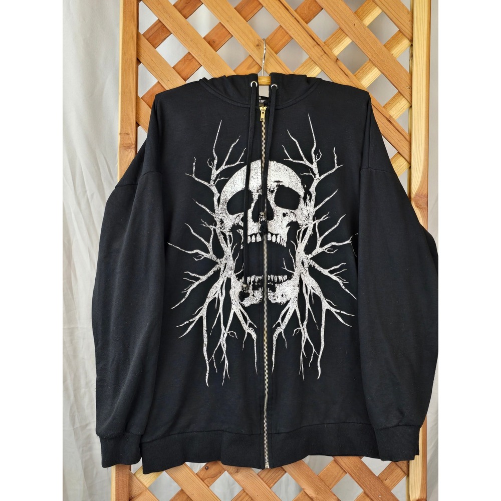 Y2K Social Collision Skull Tree Zip Up Hoodie Mens Small Black Goth Emo Punk‎